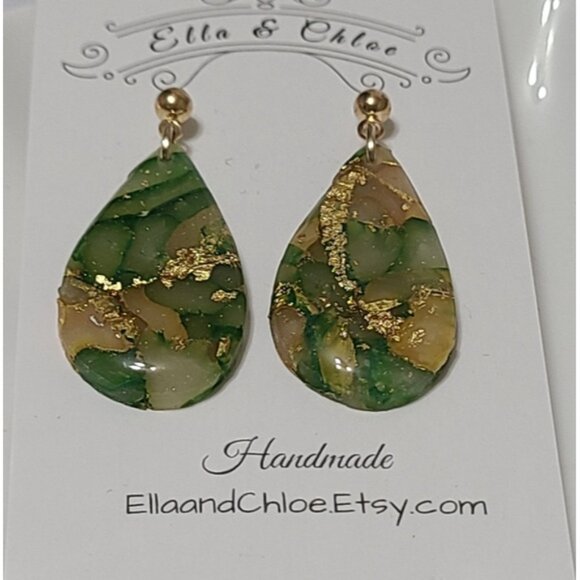 Handcrafted Chunky Green Gold Ball Teardrop Gemstone Agate Drop Dangle Earrings - Picture 4 of 6